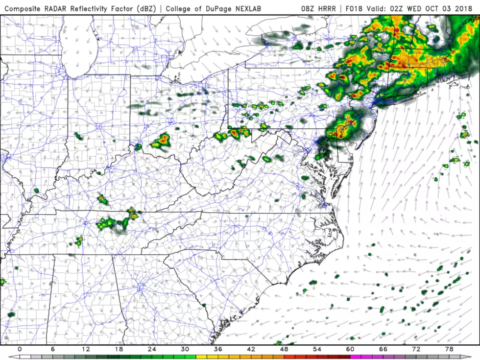 HRRR model forecast for Tuesday evening, depicting the scattered showers and thunderstorms sweeping across New Jersey. (College of DuPage Meteorology)