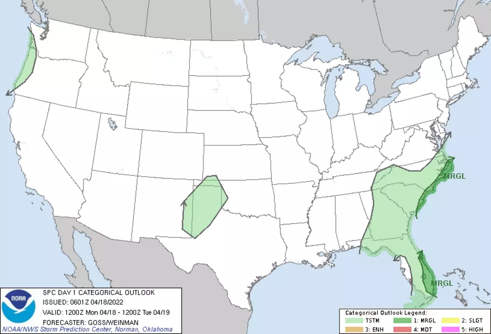 Monday's national severe weather outlook keeps any risk of lightning or wind well south of New Jersey. (NOAA / SPC)