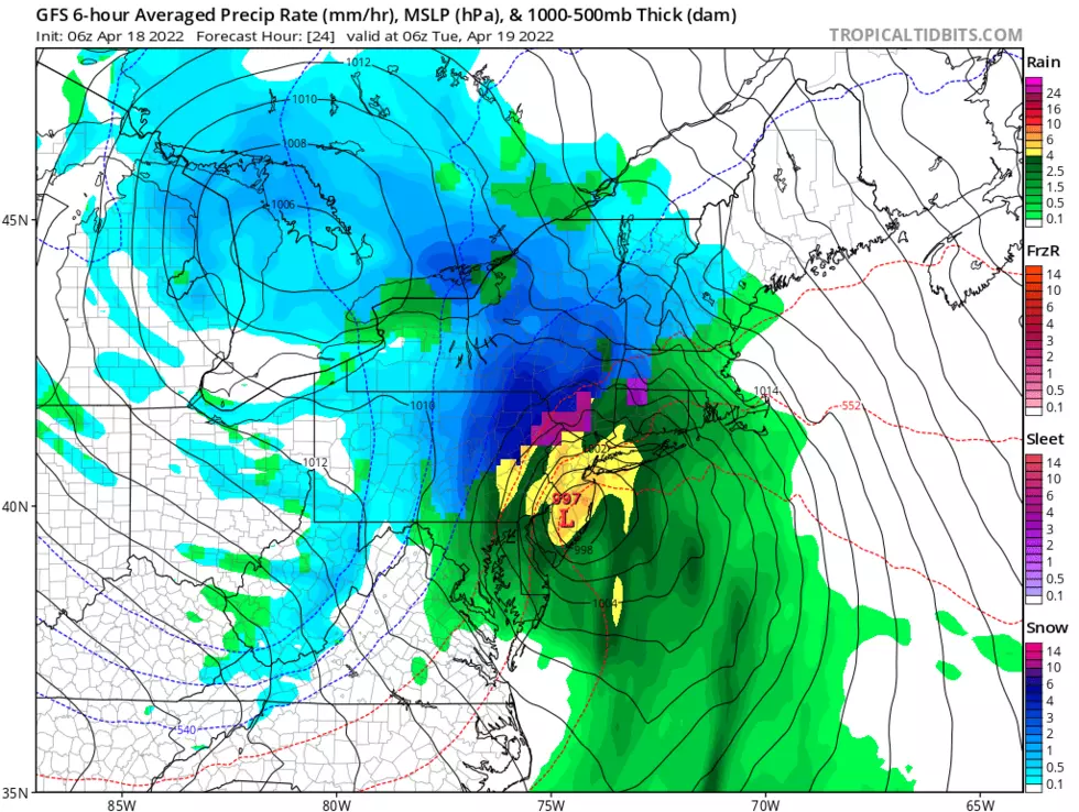 GFS model image as of 2 a.m., as the powerful area of low pressure passes directly over New Jersey. (Tropical Tidbits)